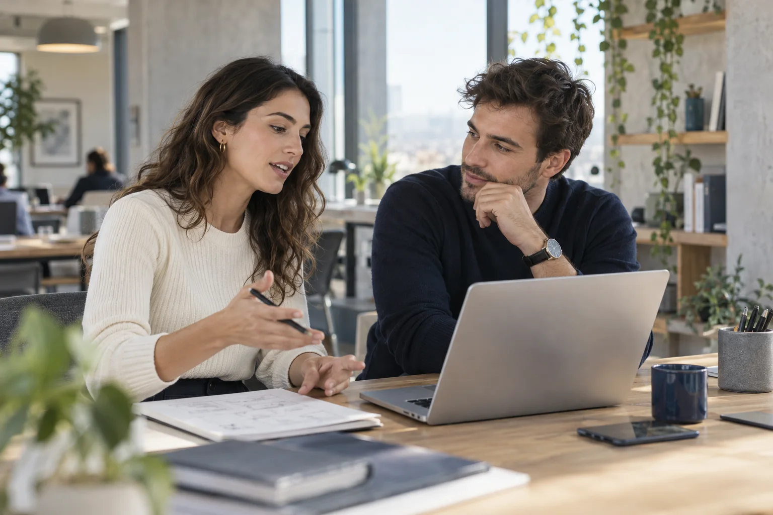 Two professionals discussing a workflow at a laptop